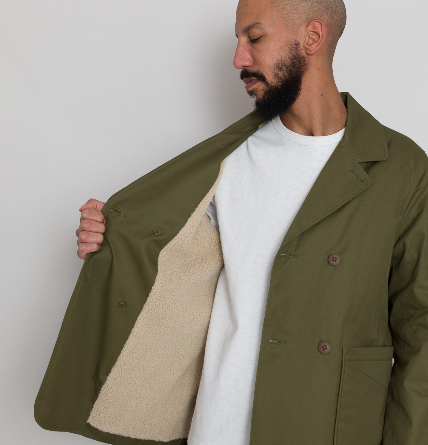 Folk | Twill And Twill Fleece Peacoat - Bottle Green