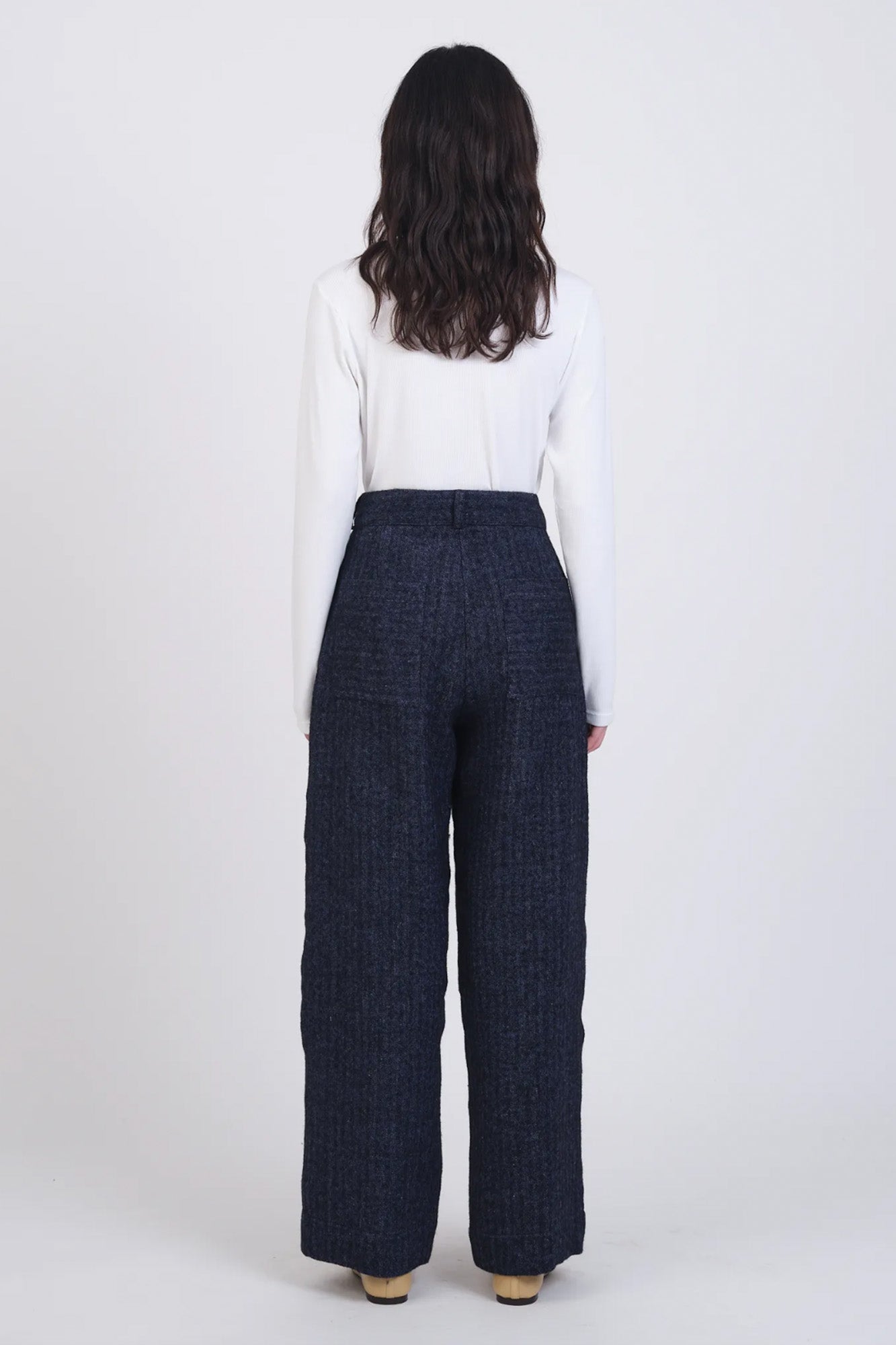 Cawley - Japanese Linen Wool Mara Trouser - Navy Herringbone