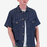 Short Sleeve Revere Shirt - Navy Textured Stripe