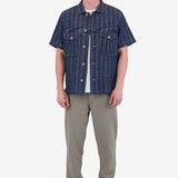 Short Sleeve Revere Shirt - Navy Textured Stripe