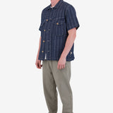 Short Sleeve Revere Shirt - Navy Textured Stripe