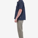 Short Sleeve Revere Shirt - Navy Textured Stripe