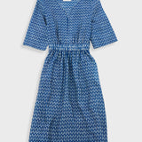 Gathered Dress - Cobalt Ecru Dash Print