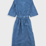 Gathered Dress - Cobalt Ecru Dash Print