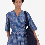 Gathered Dress - Cobalt Ecru Dash Print