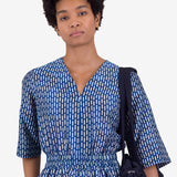 Gathered Dress - Cobalt Ecru Dash Print