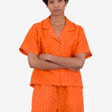 Short Sleeve Soft Collar Shirt - Orange Diamond Print